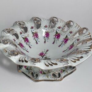 CHODZIEZ POLAND Porcelain Centerpiece Bowl / PIERCED With Pink Roses & GOLD LEAF